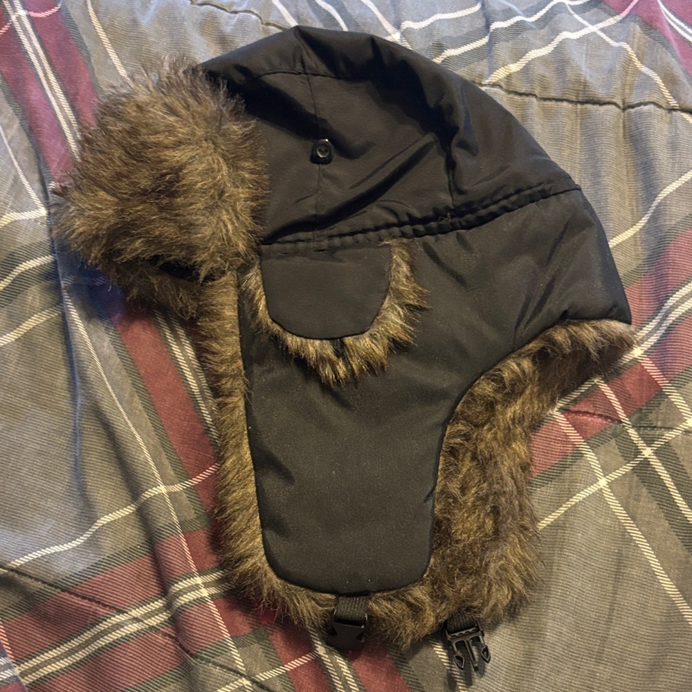 Black and Brown Fur-Lined Trapper Hat